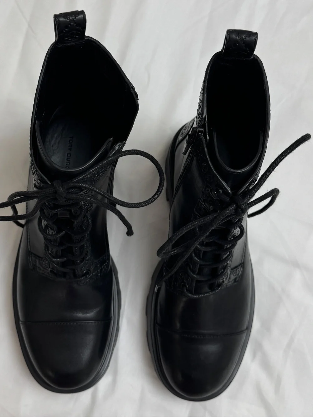 Tory Burch Chunky Black Lug Sole Combat Boots Leather Platform Ankle Boots US 10